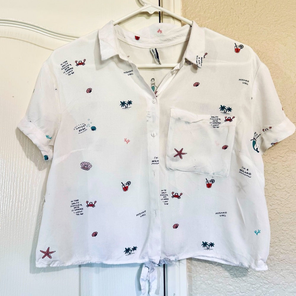 Bershka Women’s short sleeve, Front button up, back tie Crop Top